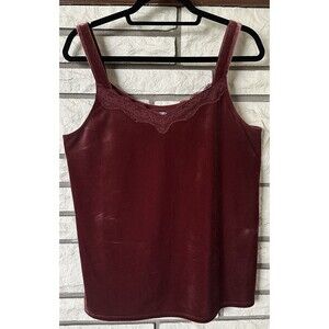 Nic+Zoe Velvet Lace Trim Burgundy  Cami Tank Top Large Bra Friendly Straps